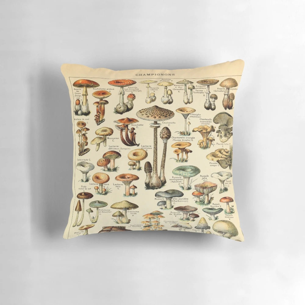 Colorful and trippy mushroom design printed on a comfortable throw pillow for a psychedelic home accent.