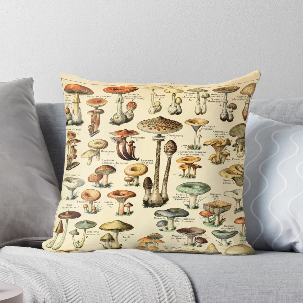Colorful and trippy mushroom design printed on a comfortable throw pillow for a psychedelic home accent.