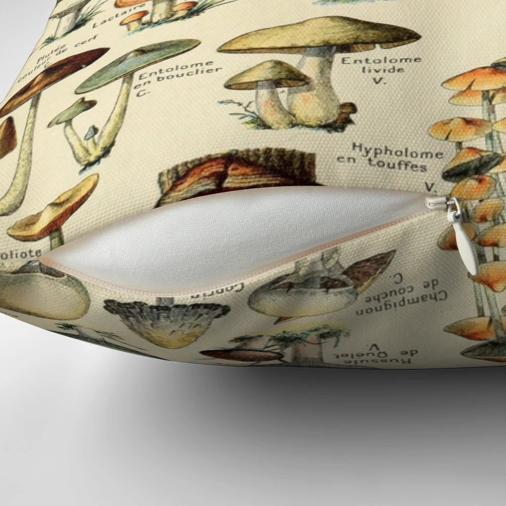 Colorful and trippy mushroom design printed on a comfortable throw pillow for a psychedelic home accent.