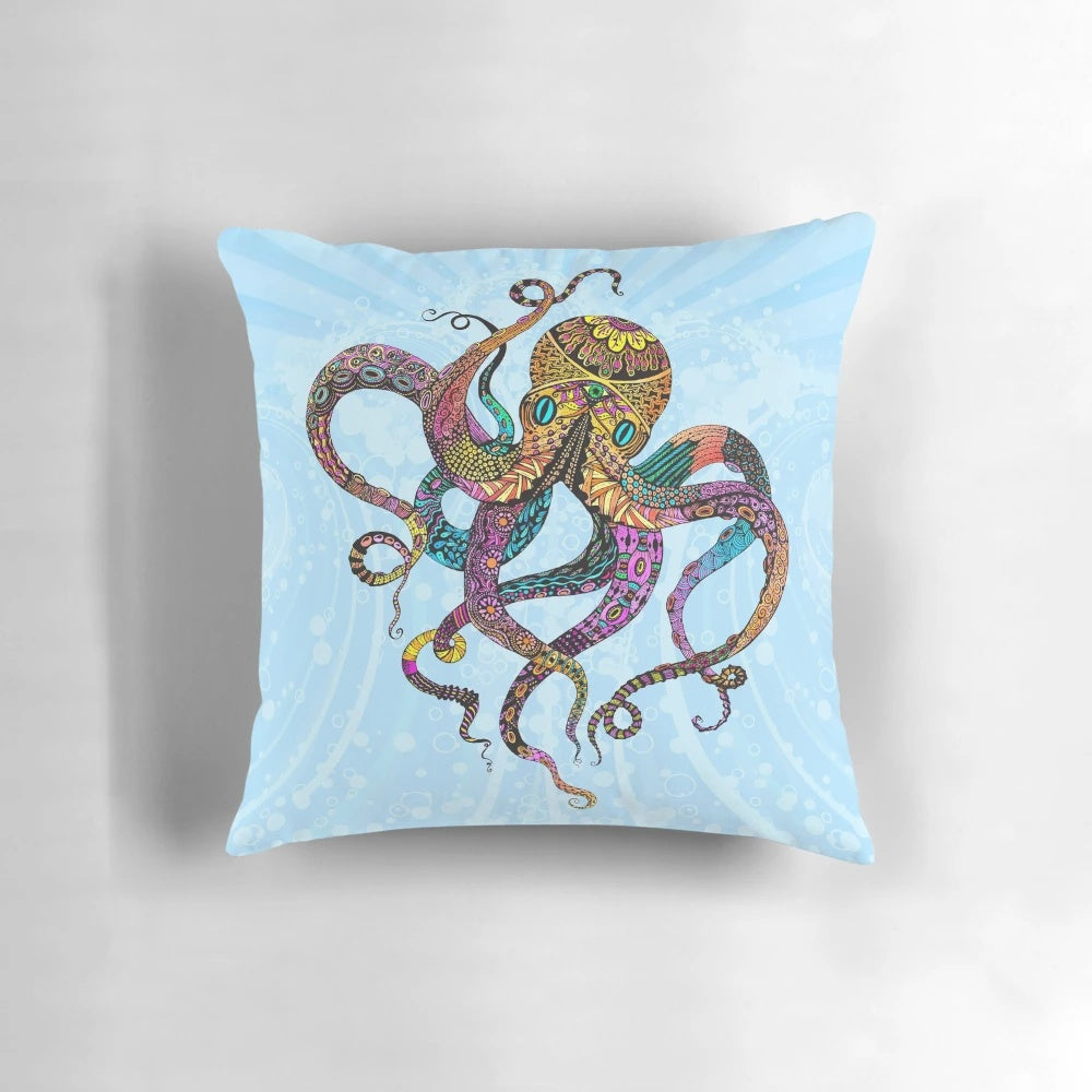 Vibrant psychedelic octopus pillow with waves, bubbles, and neon colors for a fun, beachy vibe.