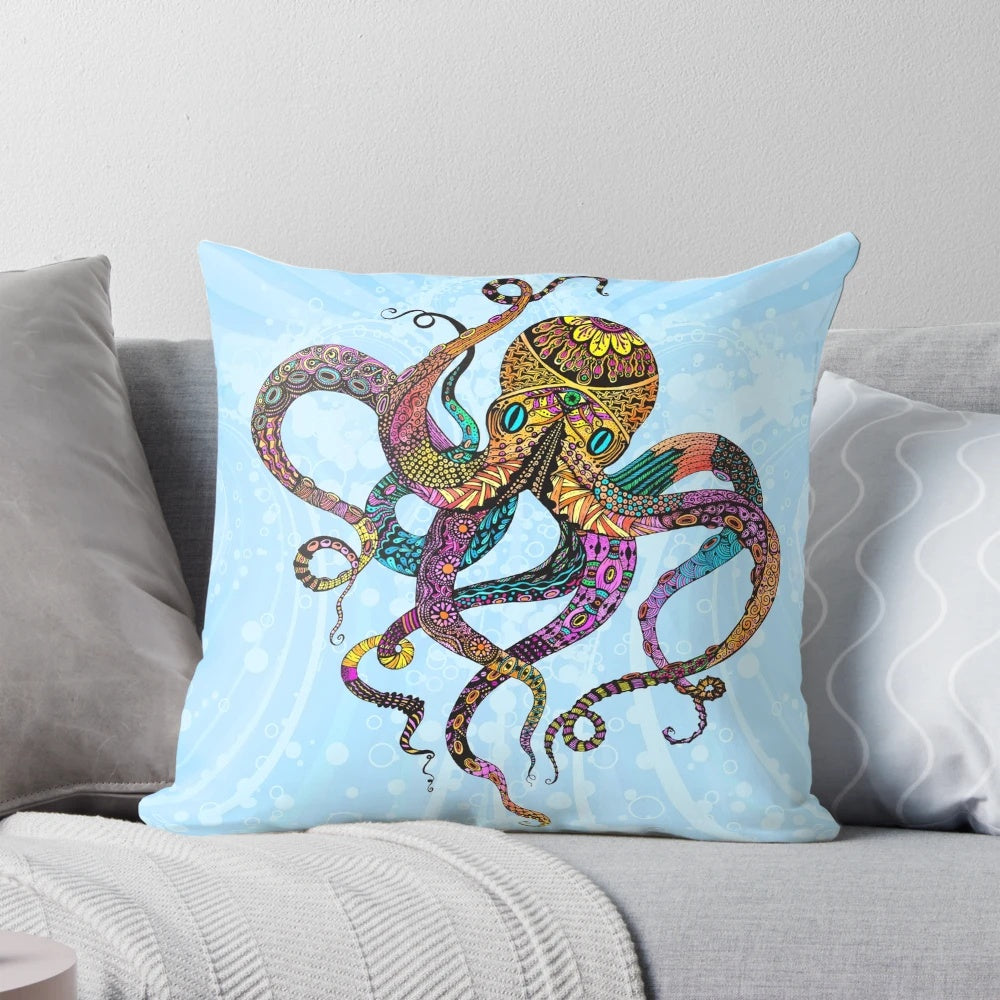 Vibrant psychedelic octopus pillow with waves, bubbles, and neon colors for a fun, beachy vibe.