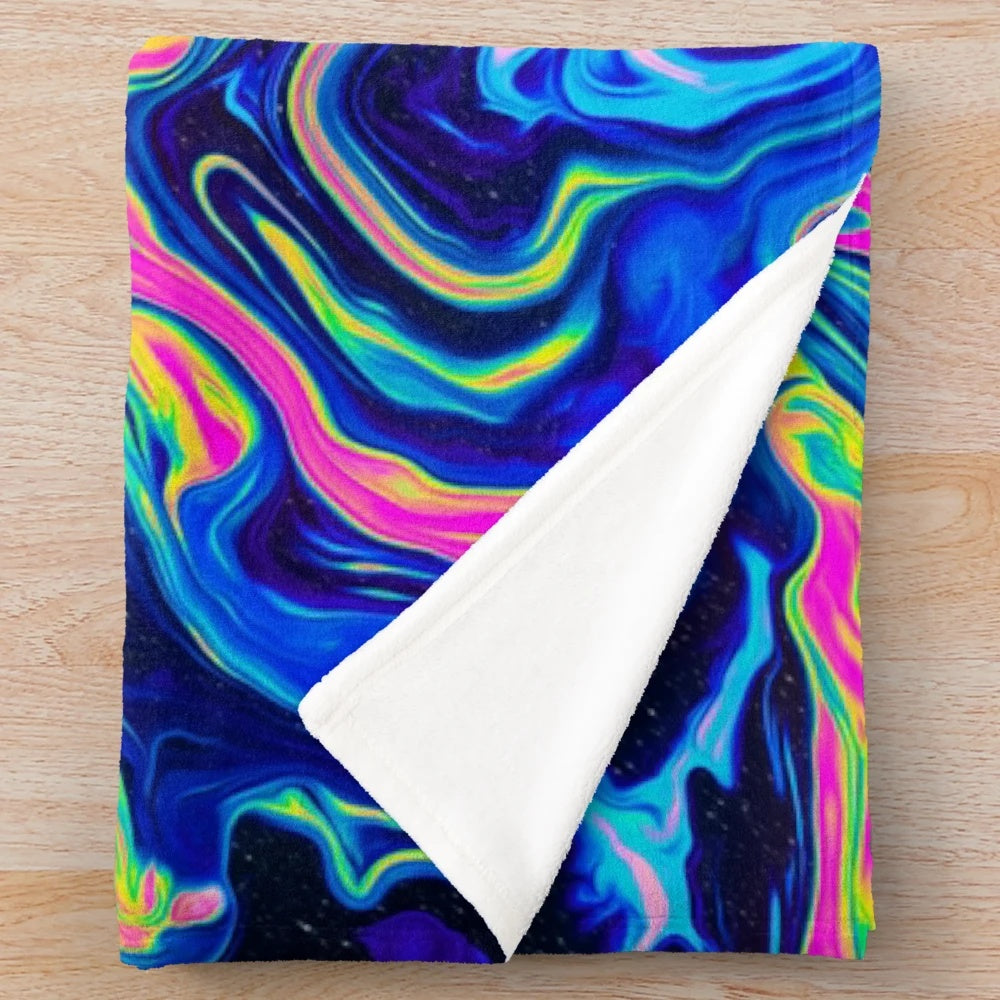 Psychedelic plush blanket with abstract, fluid patterns in vibrant colors