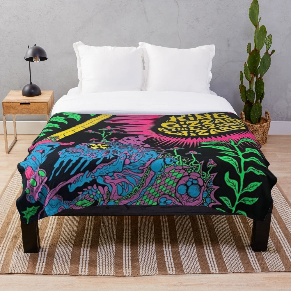 Vintage-inspired plush blanket with psychedelic King Gizzard and the Lizard Wizard design