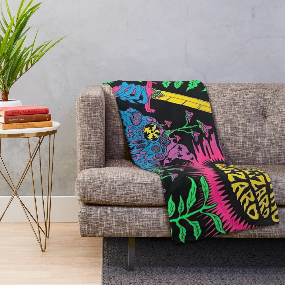 Vintage-inspired plush blanket with psychedelic King Gizzard and the Lizard Wizard design