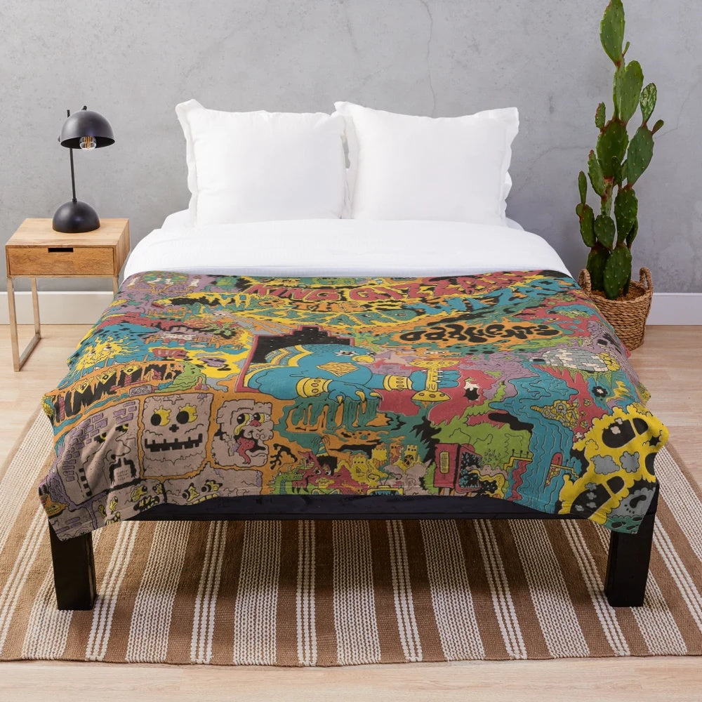 Psychedelic music-inspired plush blanket with collage design