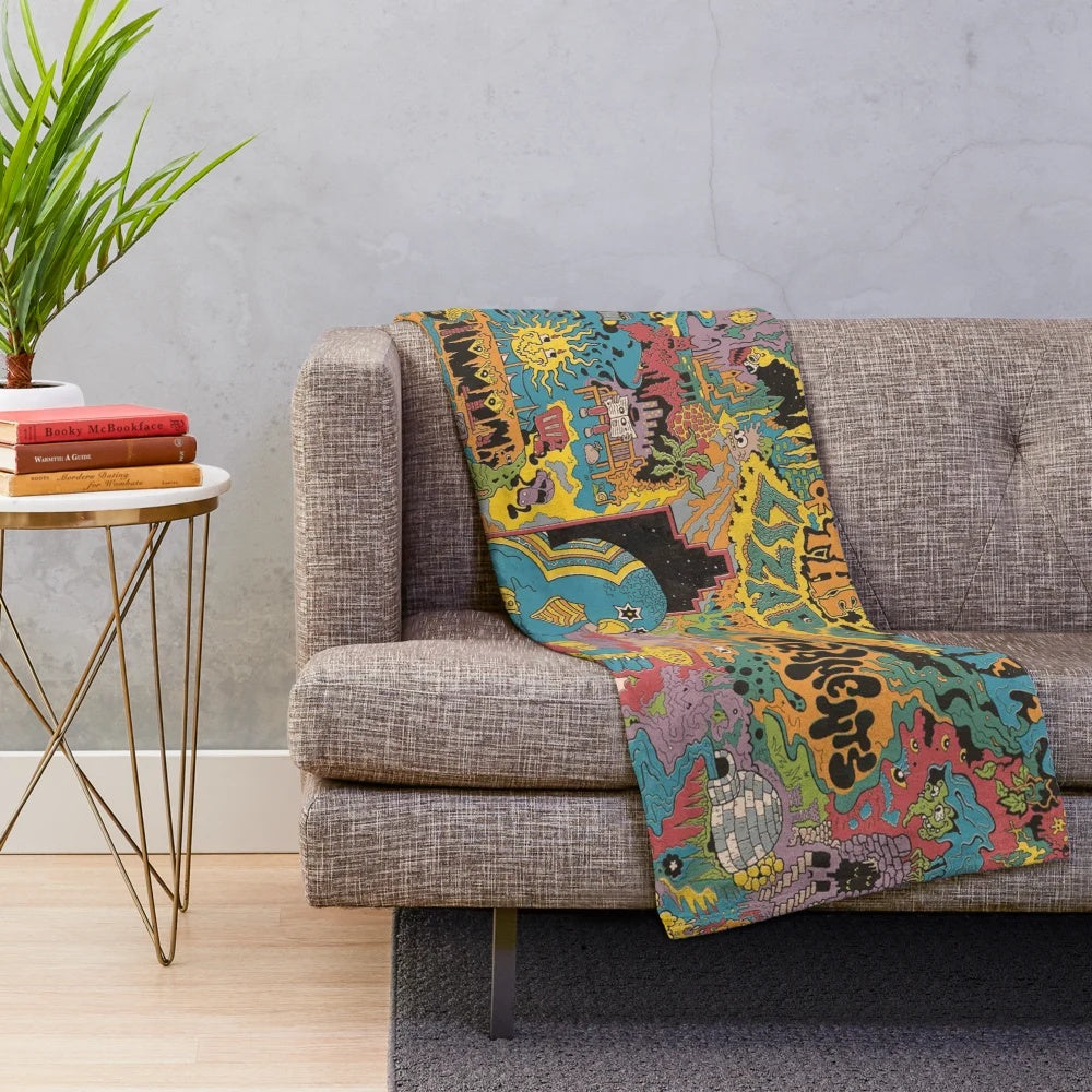 Psychedelic music-inspired plush blanket with collage design
