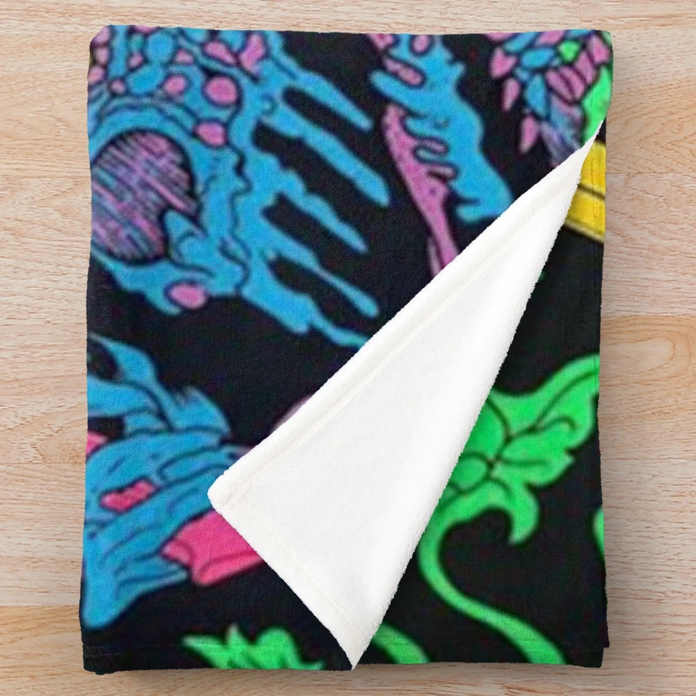 Vintage-inspired plush blanket with psychedelic King Gizzard and the Lizard Wizard design