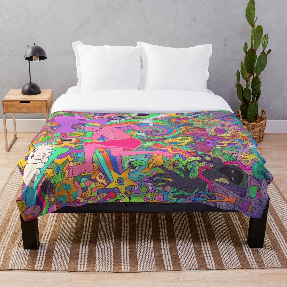 Psychedelic plush blanket featuring trippy designs from the Netflix animated series The Midnight Gospel