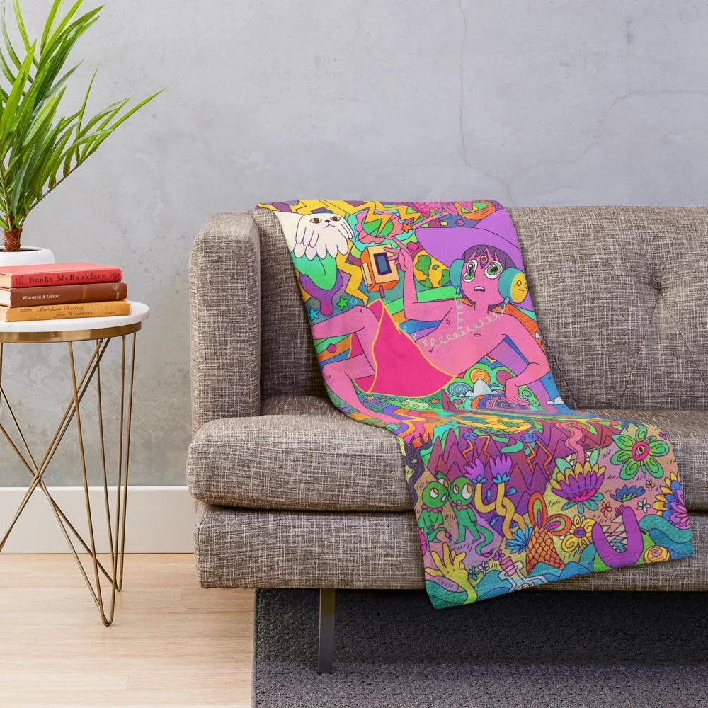 Psychedelic plush blanket featuring trippy designs from the Netflix animated series The Midnight Gospel
