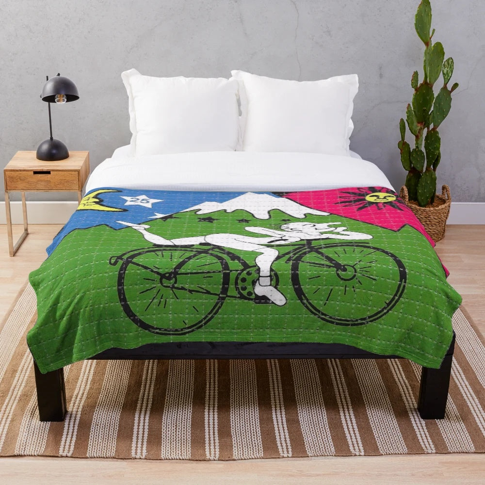 Colorful plush blanket featuring LSD, Albert Hofmann, and Bicycle Day inspired design