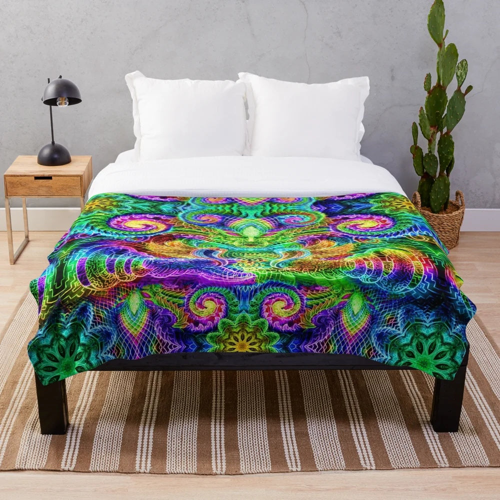 Psychedelic plush blanket with trippy, visionary art design