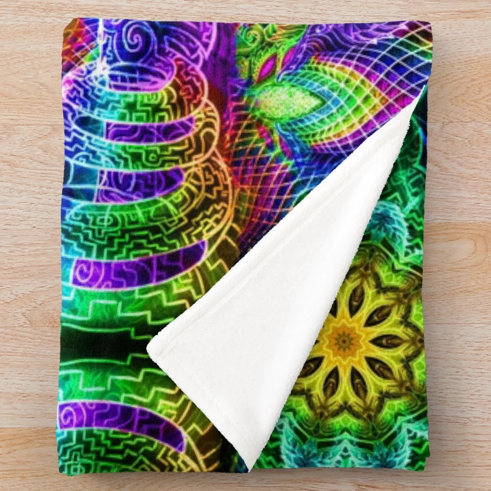 Psychedelic plush blanket with trippy, visionary art design
