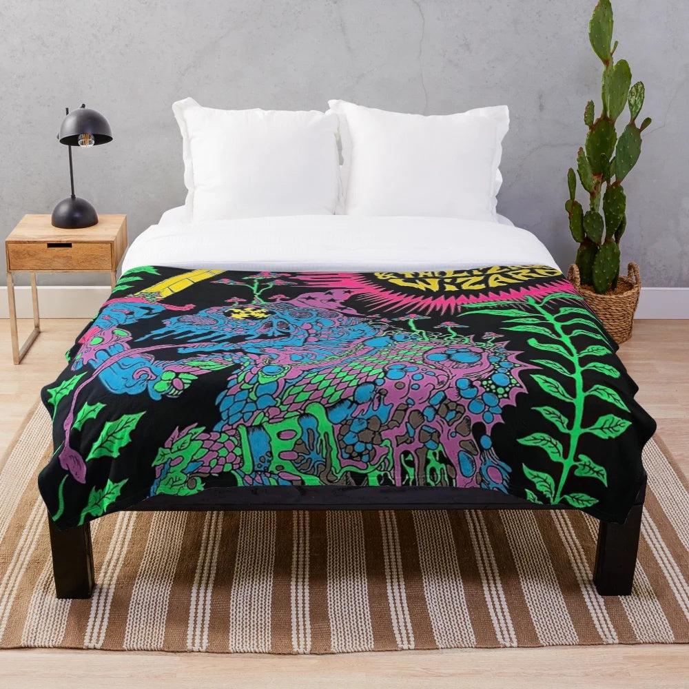 Soft, cozy plush blanket featuring a vintage-inspired psychedelic design inspired by the band King Gizzard and the Lizard Wizard