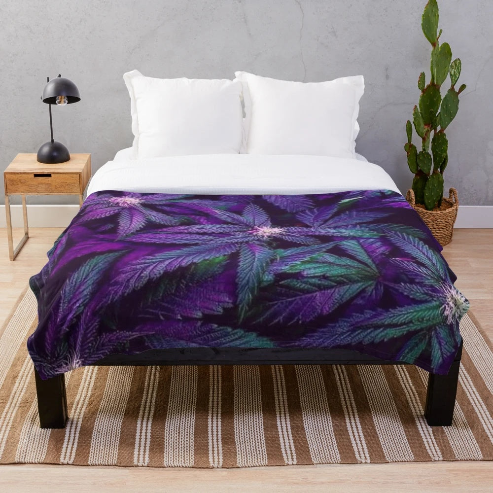 Psychedelic purple cannabis marijuana weed pot leaves plush blanket