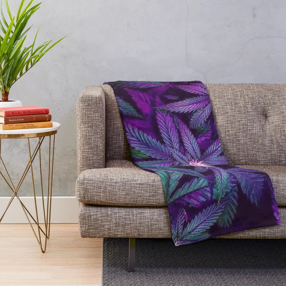 Psychedelic purple cannabis marijuana weed pot leaves plush blanket