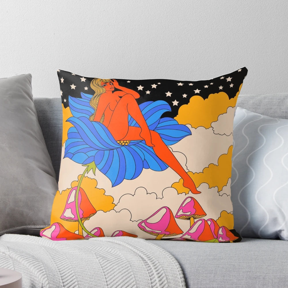 Vibrant psychedelic floral pattern pillow with a vintage, retro aesthetic.