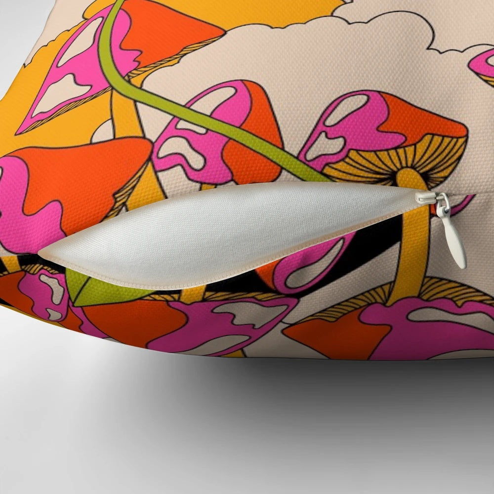 Vibrant psychedelic floral pattern pillow with a vintage, retro aesthetic.