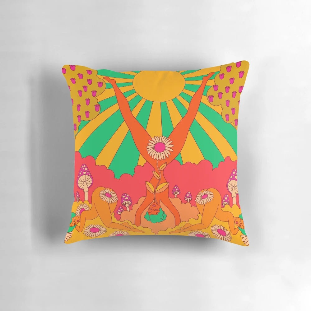Colorful psychedelic pattern throw pillow with retro 60s 70s inspired design