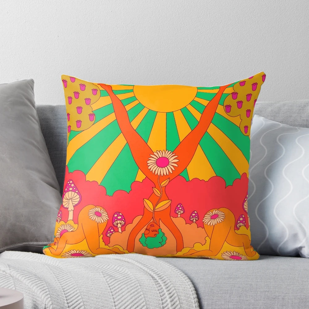 Colorful psychedelic pattern throw pillow with retro 60s 70s inspired design