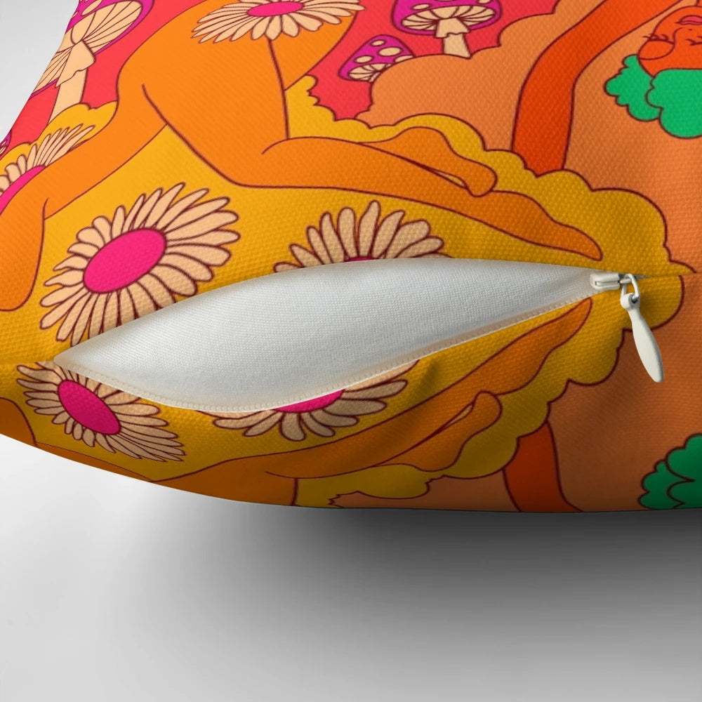 Colorful psychedelic pattern throw pillow with retro 60s 70s inspired design