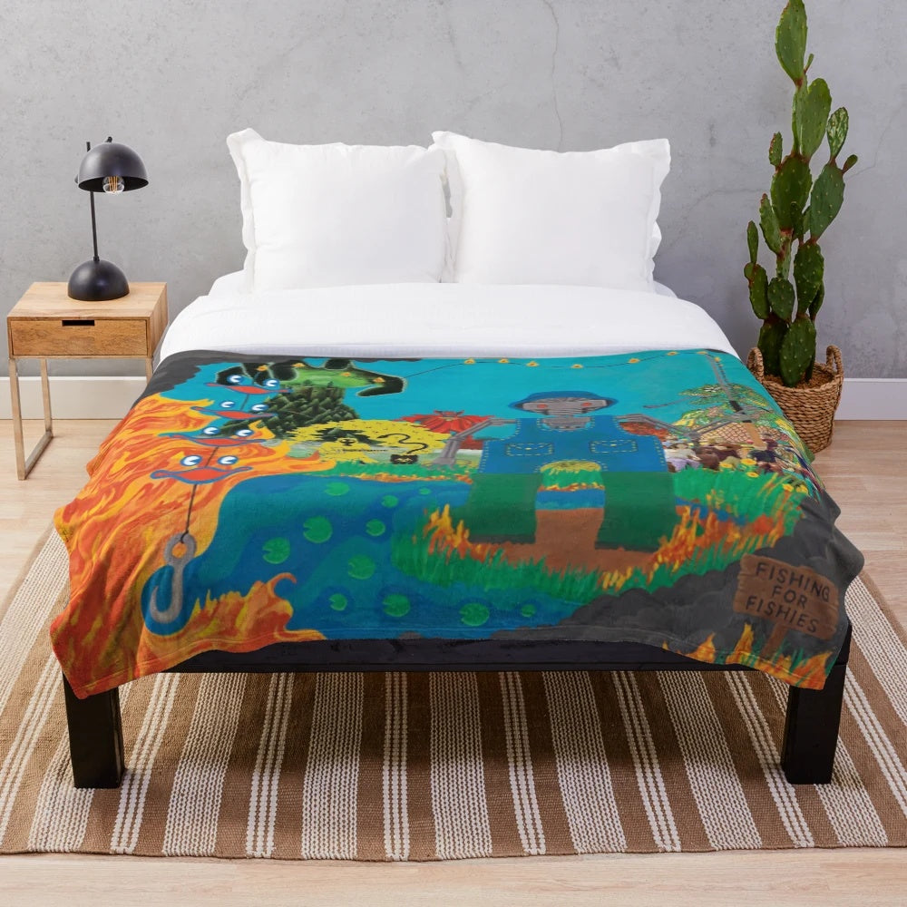 Plush blanket featuring a collage of album art from the psychedelic rock band King Gizzard and the Lizard Wizard
