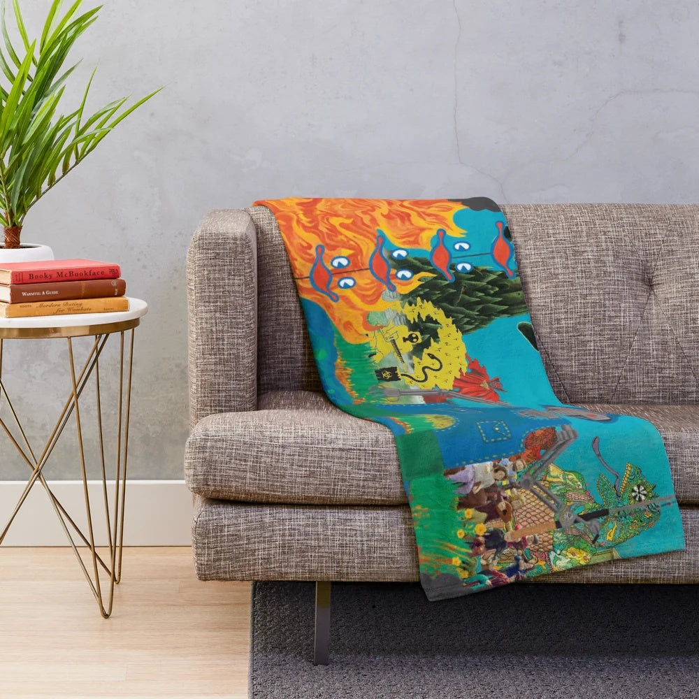 Plush blanket featuring a collage of album art from the psychedelic rock band King Gizzard and the Lizard Wizard