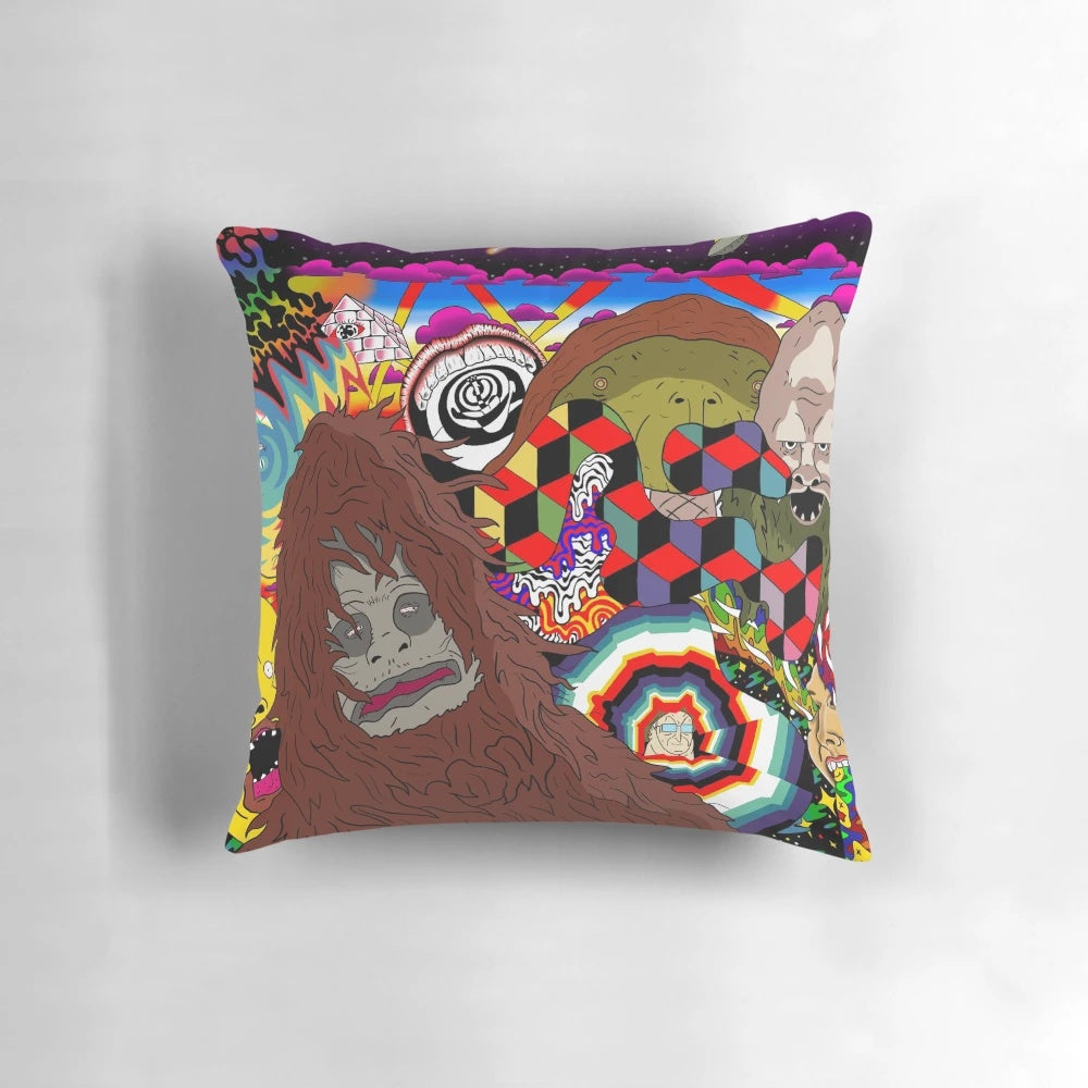 Vibrant and psychedelic wall art featuring a quirky sasquatch character from the cult-favorite series The Big Lez Show.