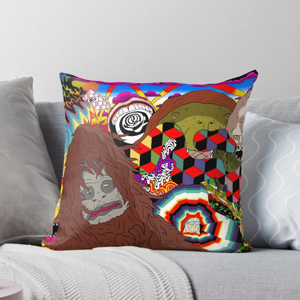 Vibrant and psychedelic wall art featuring a quirky sasquatch character from the cult-favorite series The Big Lez Show.