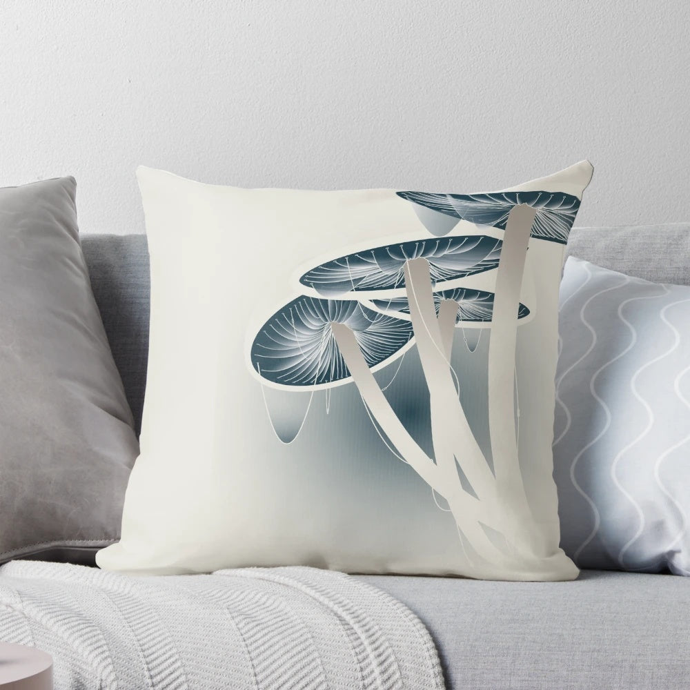 A surreal, psychedelic-inspired pillow featuring illustrated mushrooms in a trippy, hallucinogenic design.
