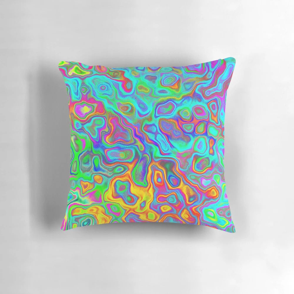 Psychedelic spring-inspired throw pillow with vibrant abstract pattern