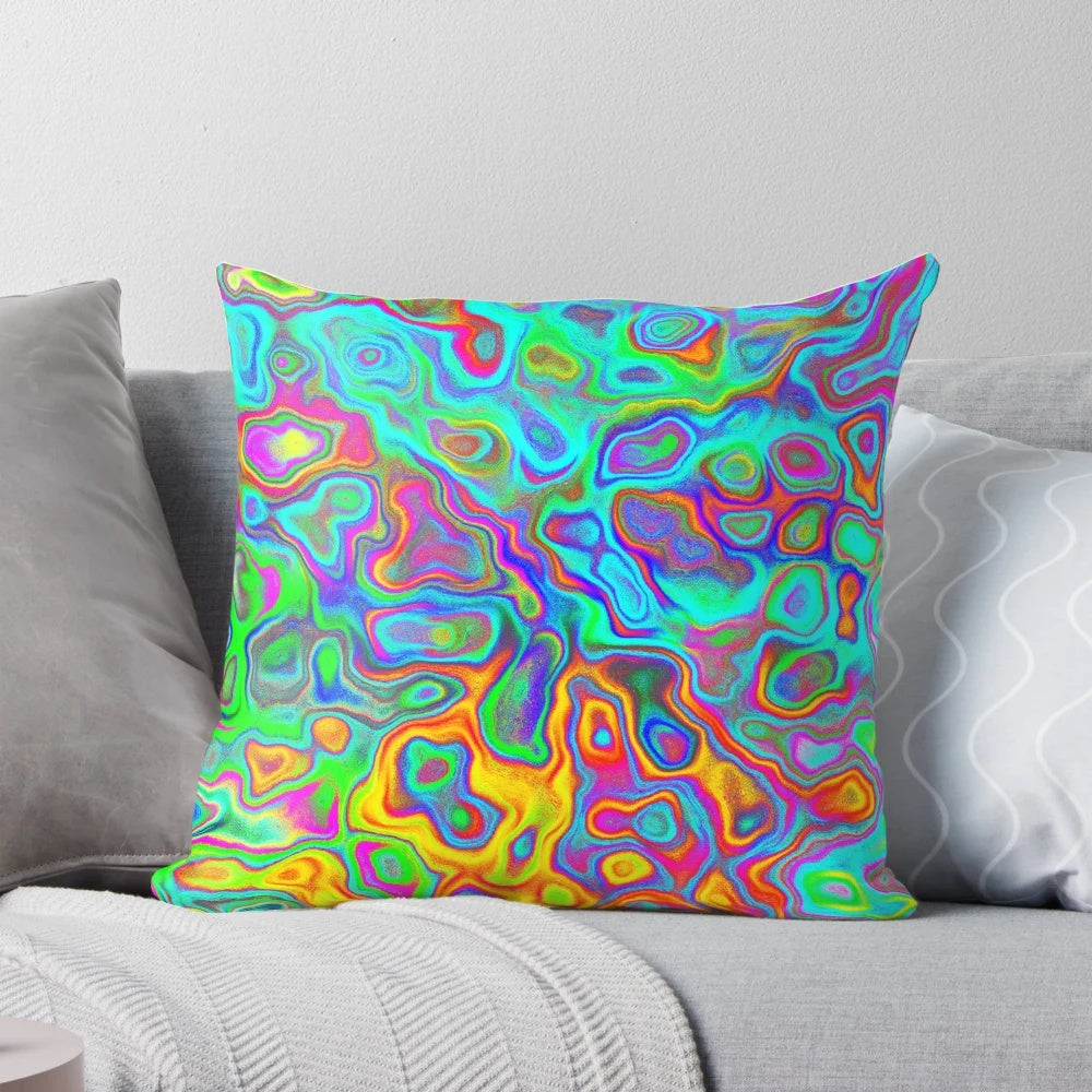 Psychedelic spring-inspired throw pillow with vibrant abstract pattern