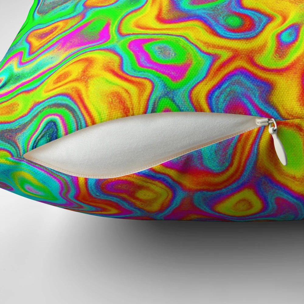 Psychedelic spring-inspired throw pillow with vibrant abstract pattern