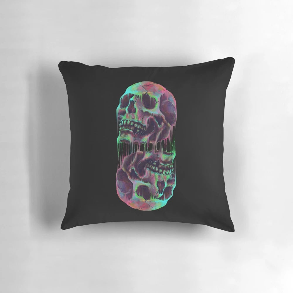 A striking, abstract Pillow POD featuring a colorful, neon-lit skull and skeleton design
