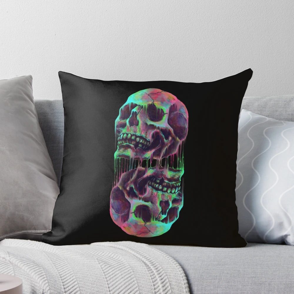 A striking, abstract Pillow POD featuring a colorful, neon-lit skull and skeleton design