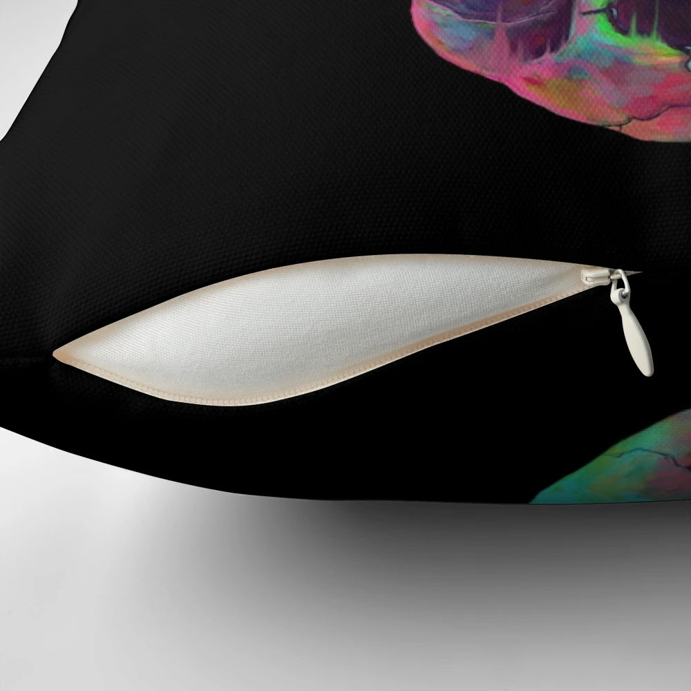 A striking, abstract Pillow POD featuring a colorful, neon-lit skull and skeleton design