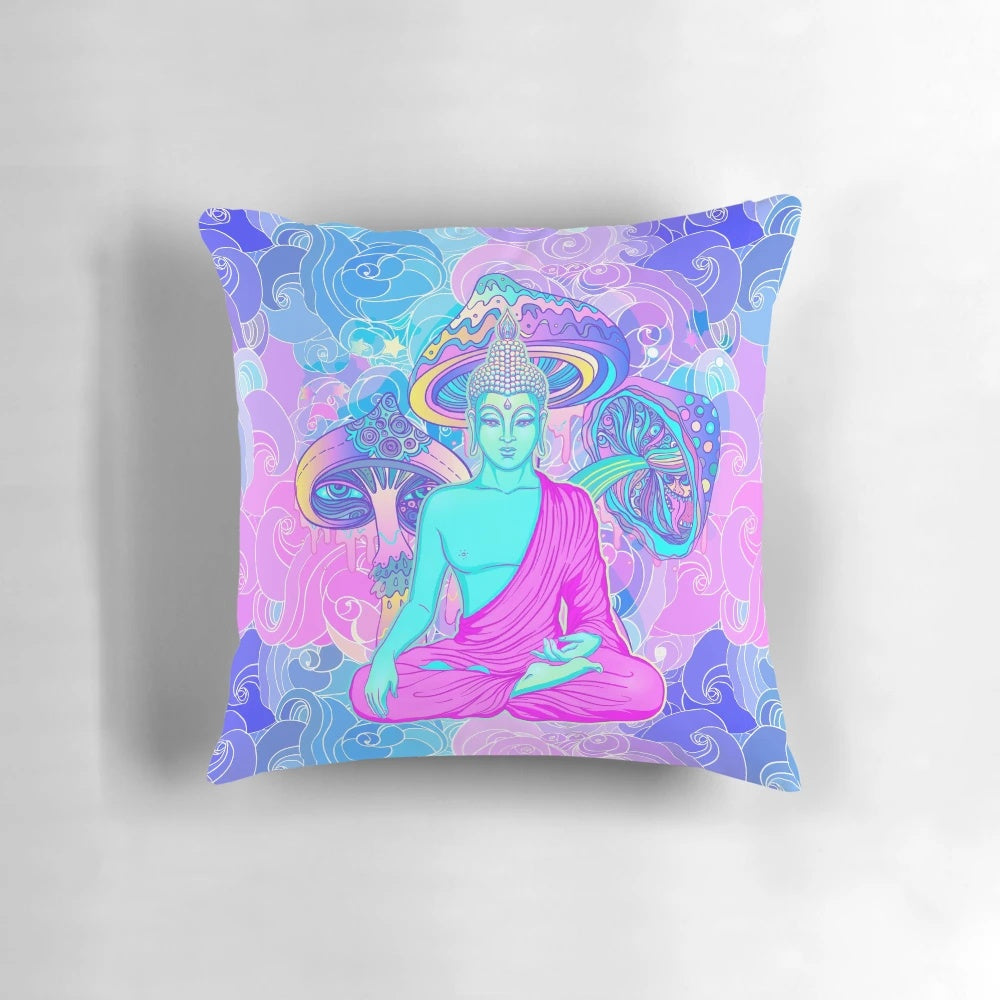 Colorful psychedelic Buddha-inspired throw pillow with swirling, trippy design