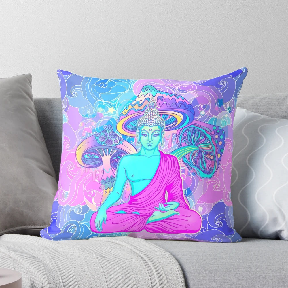 Colorful psychedelic Buddha-inspired throw pillow with swirling, trippy design