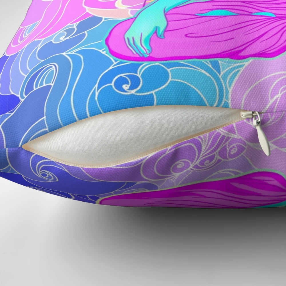 Colorful psychedelic Buddha-inspired throw pillow with swirling, trippy design