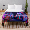 Psychedelic plush blanket with urban cityscape and neon lights design