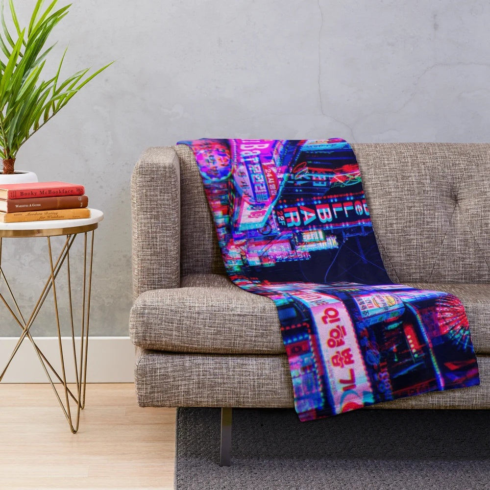 Psychedelic plush blanket with urban cityscape and neon lights design