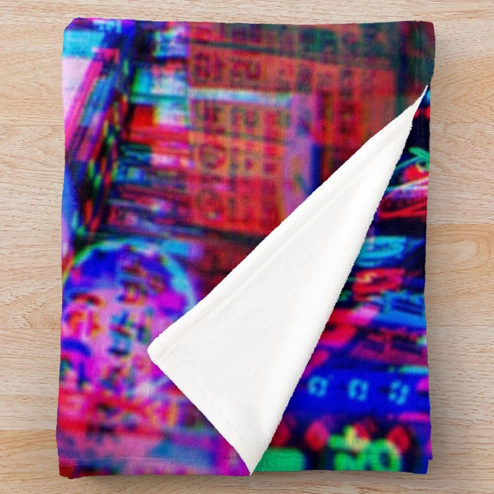 Psychedelic plush blanket with urban cityscape and neon lights design