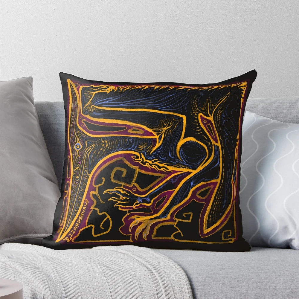 A square pillow with a minimalist, swirly lineart design of a Pteranodon, a prehistoric pterosaur.