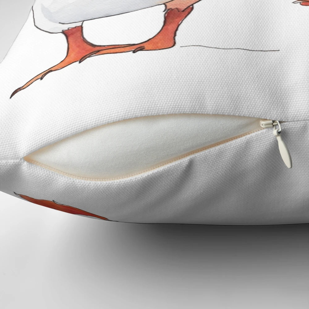 Illustration of puffins dancing and tapping on a decorative pillow