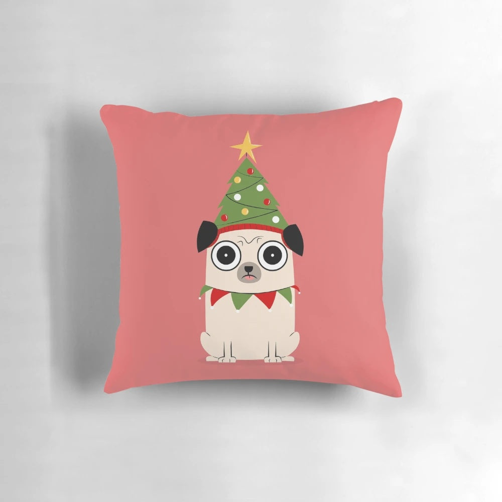 Festive pug in a Christmas sweater sitting on a cozy pillow