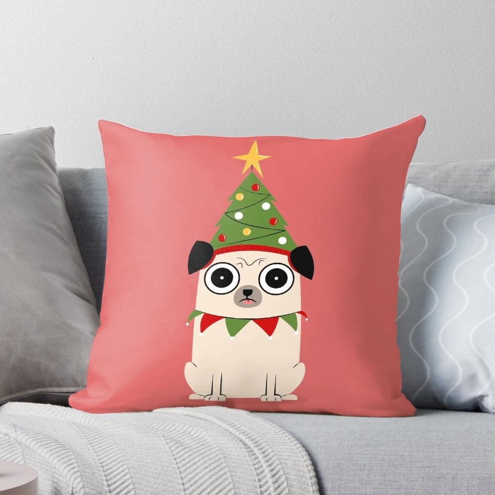 Festive pug in a Christmas sweater sitting on a cozy pillow