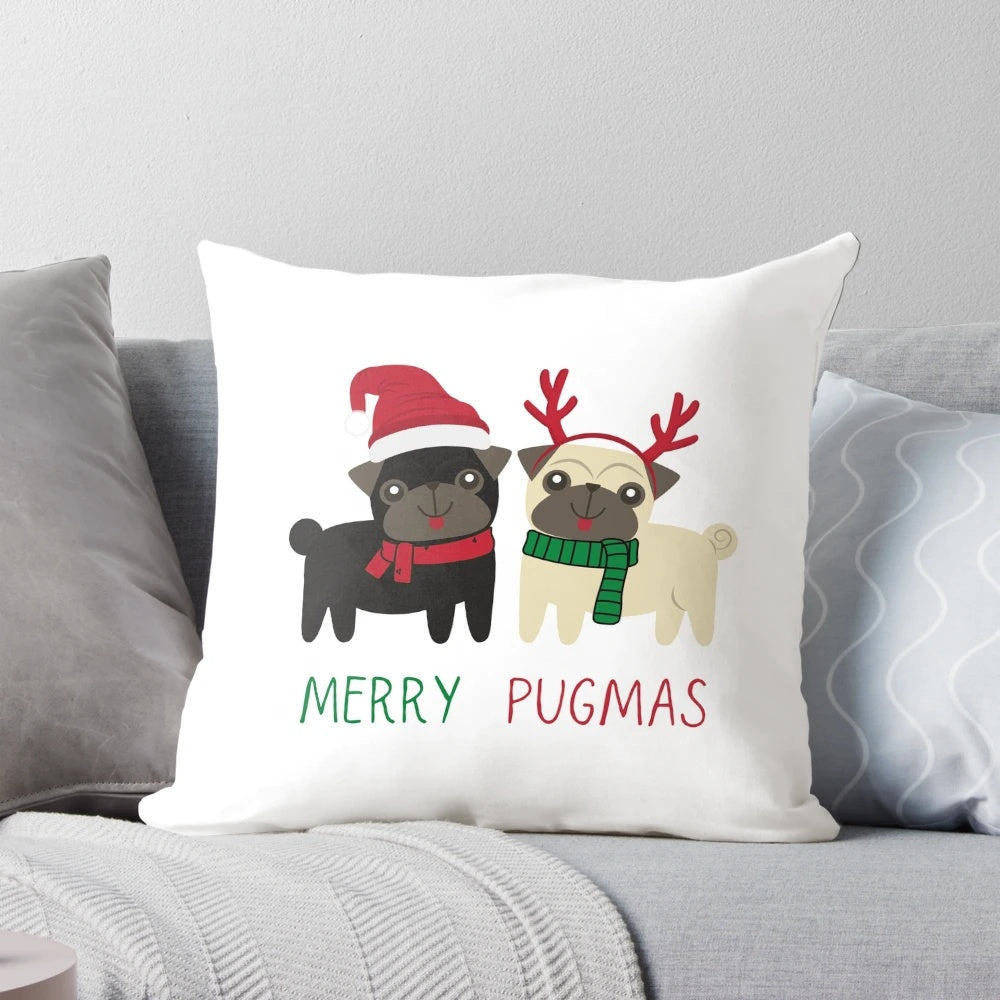 Pug Christmas Pillow with Festive 'Merry Pugmas' Design