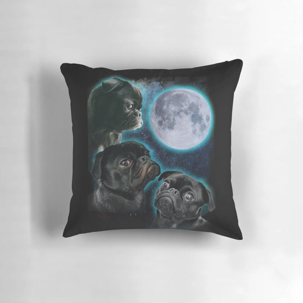 Whimsical pug-themed pillow showcasing three pugs against a moon backdrop