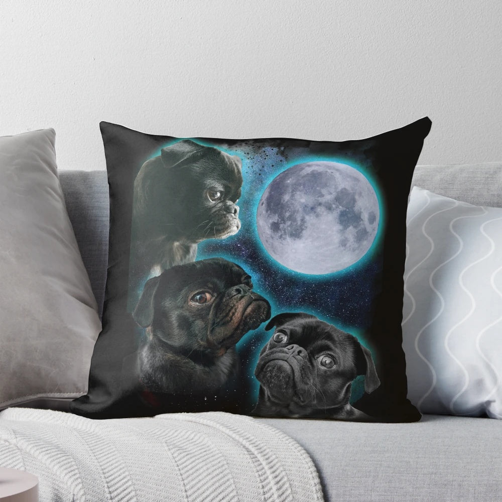 Whimsical pug-themed pillow showcasing three pugs against a moon backdrop