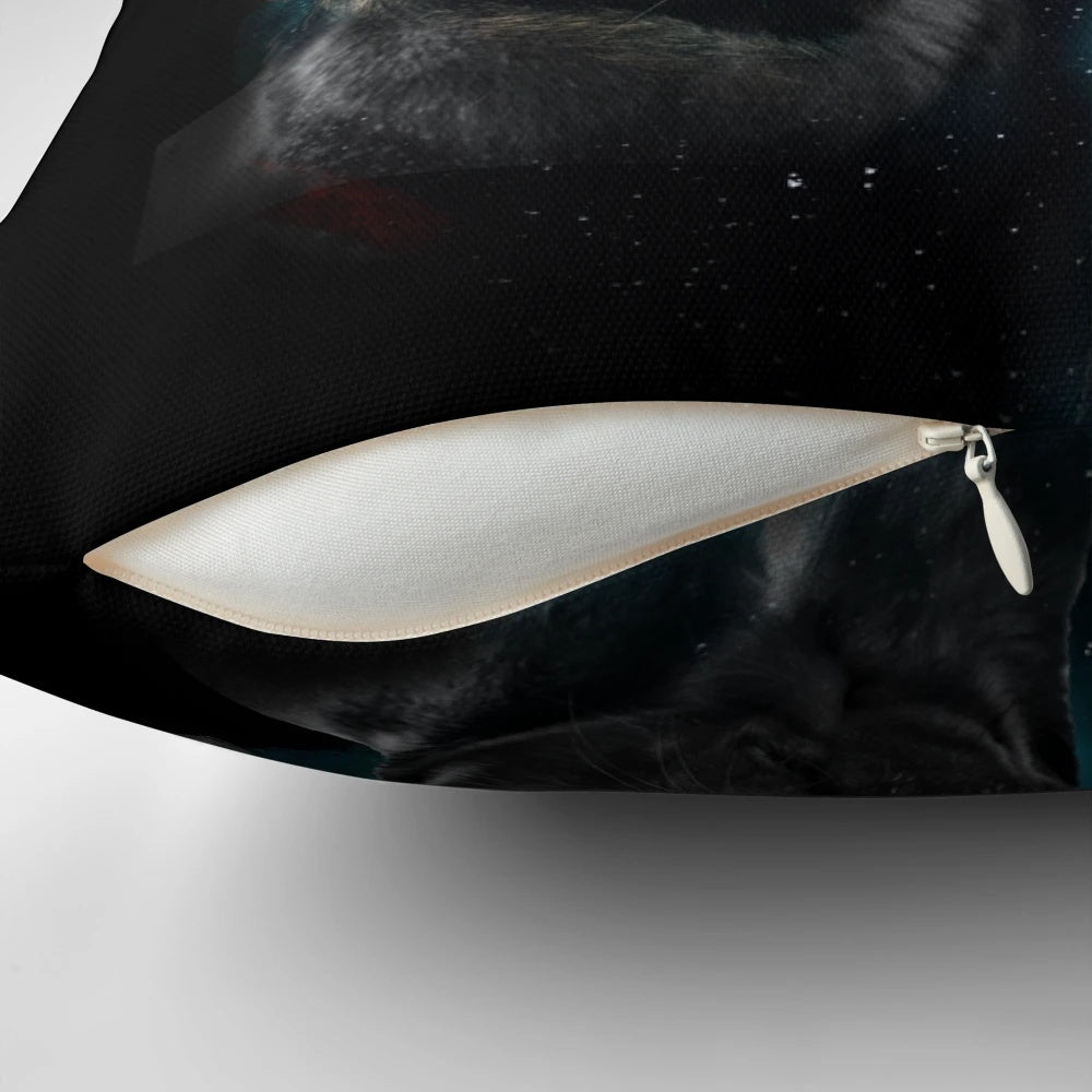 Whimsical pug-themed pillow showcasing three pugs against a moon backdrop