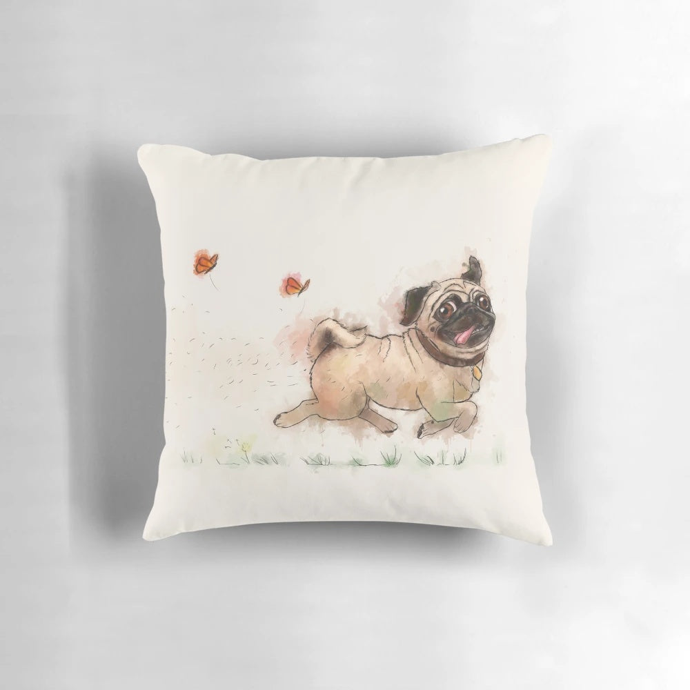 Beige pillow with a watercolor pug design and furminator logo